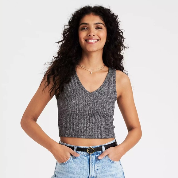 American Eagle Outfitters Tops - *SOLD* AE Ribbed V Neck Grey Crop Top Large